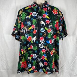 Funny Guy Creations Pug Hawaiian Shirt Large Red Hibiscus Flowers Monstera Leafs